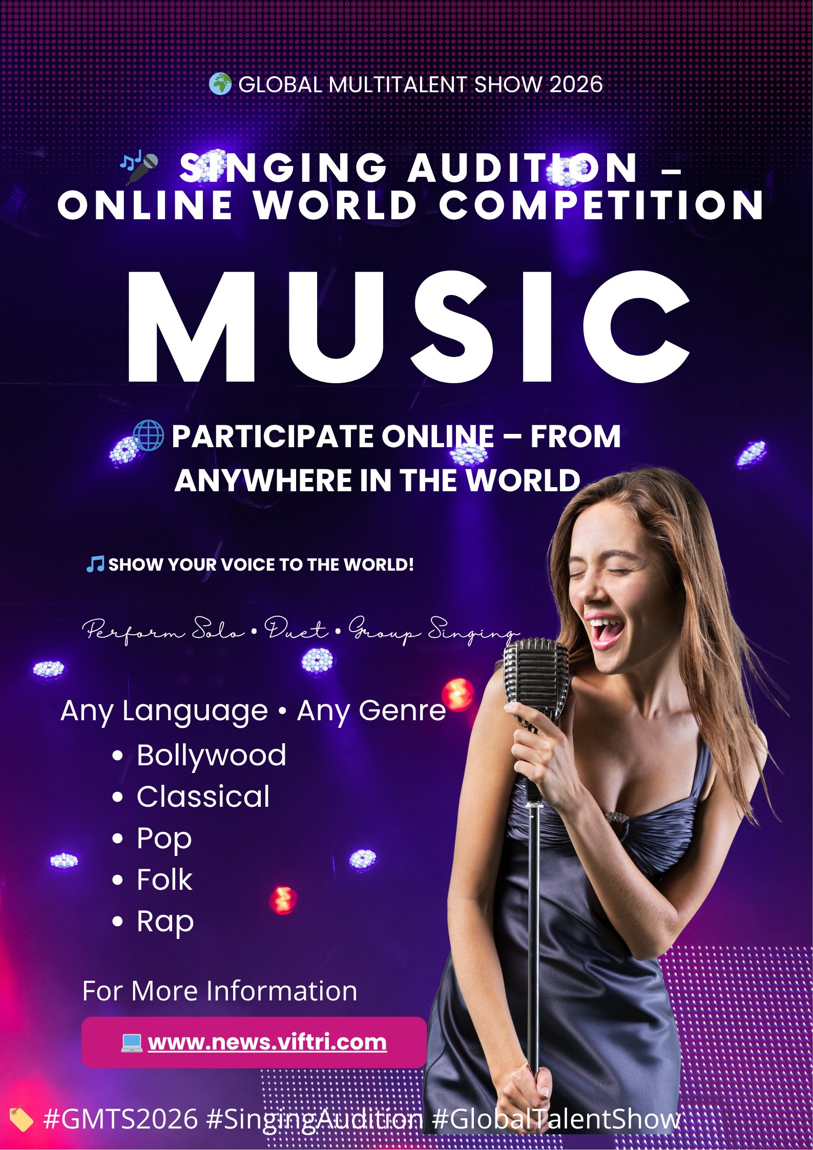 Worldwide singing competition Online global vocal contest Open singing category International singers 2026 GMTS global audition